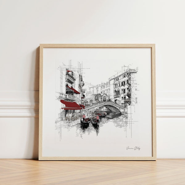 Wall art of Venice Italy square print with gondolas and canal bridge