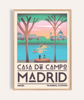 Framed view of Madrid Wall Art travel poster with Casa de Campo lake and skyline
