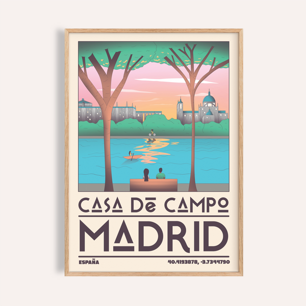 Framed view of Madrid Wall Art travel poster with Casa de Campo lake and skyline