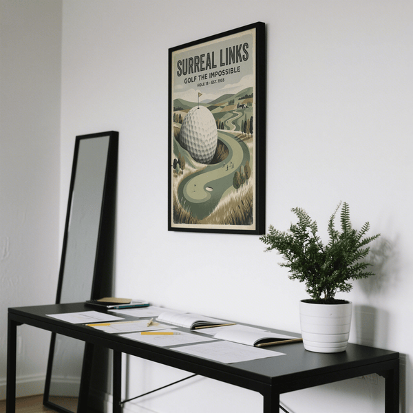 Illustrated golf course wall art print with clubhouse, trees, and long curving path through hills