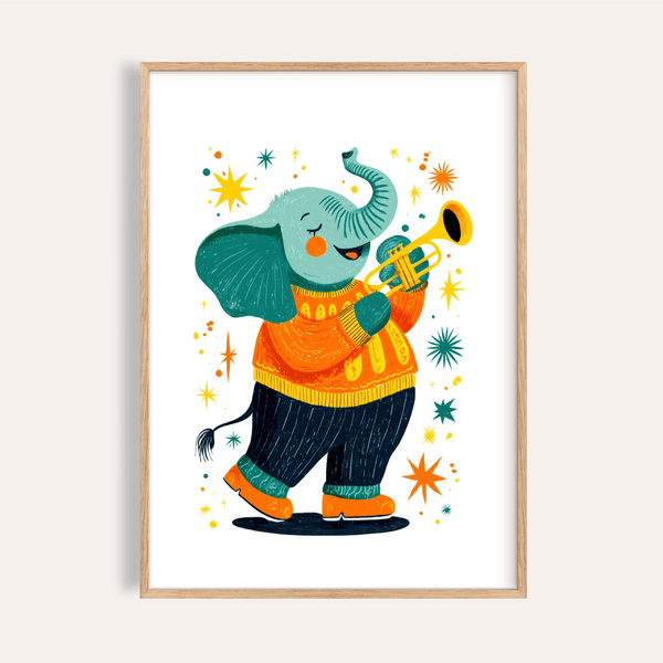 Musical Animal Poster with multicolored elephant for kids room wall art