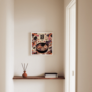 Cute Cat Ramen art print with Black White Purple Orange, perfect for kitchen wall