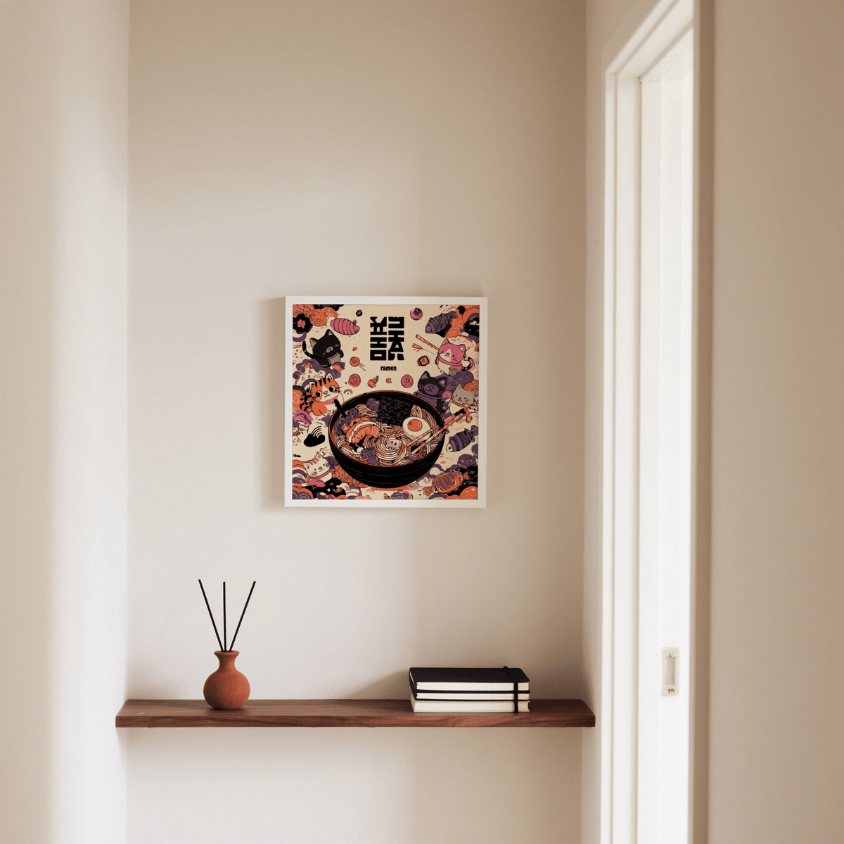 Cute Cat Ramen art print with Black White Purple Orange, perfect for kitchen wall