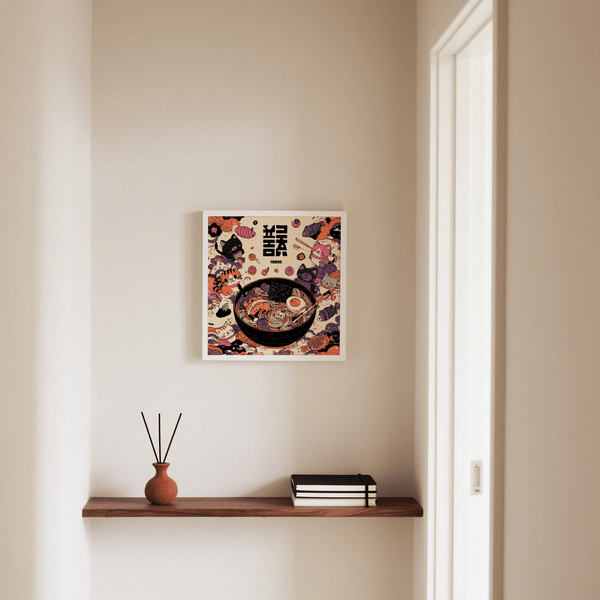 Cute Cat Ramen art print with Black White Purple Orange, perfect for kitchen wall