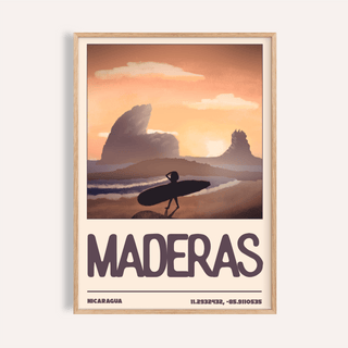 Nicaragua Surfer Wall Art poster showing lone surfer walking along Maderas beach at dusk