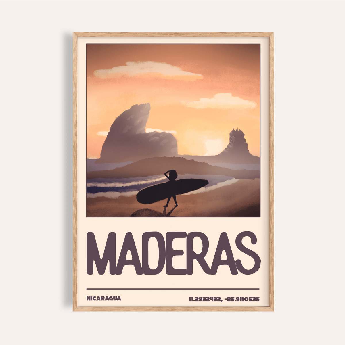 Nicaragua Surfer Wall Art poster showing lone surfer walking along Maderas beach at dusk