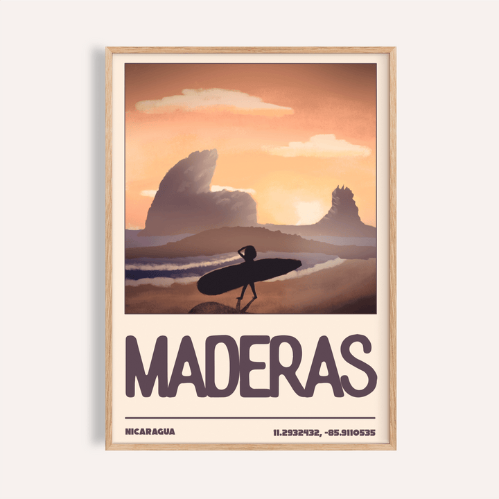 Nicaragua Surfer Wall Art poster showing lone surfer walking along Maderas beach at dusk