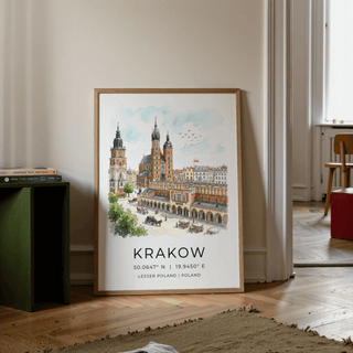 Classic Krakow Cityscape Wall Art with “KRAKOW” text and coordinate-style numbers