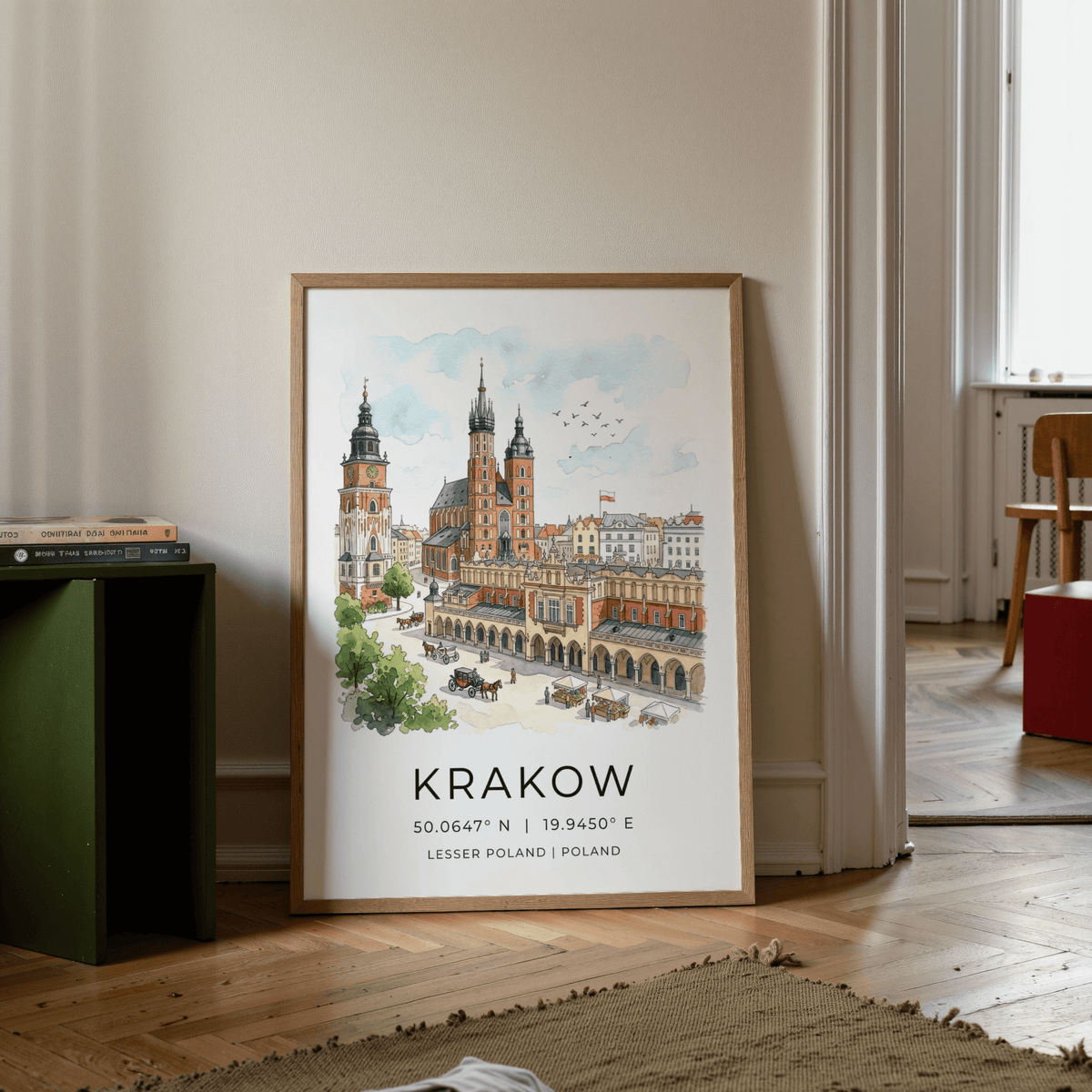Classic Krakow Cityscape Wall Art with “KRAKOW” text and coordinate-style numbers