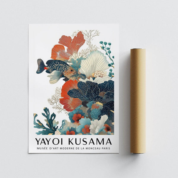 Flowing tropical fish poster with speckled fish in textured blue background