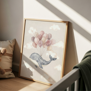 Illustrated whale wall art with balloon bouquet above and soft cloud shapes