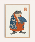 Frog in Kimono Print in blue and orange for living room wall art poster
