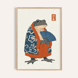 Frog in Kimono Print in blue and orange for living room wall art poster