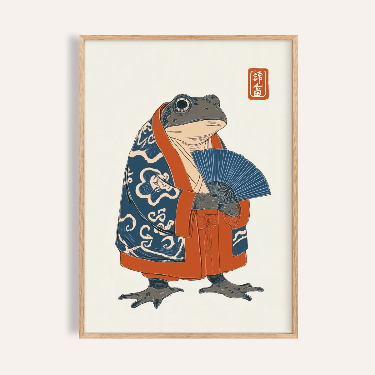 Frog in Kimono Print in blue and orange for living room wall art poster