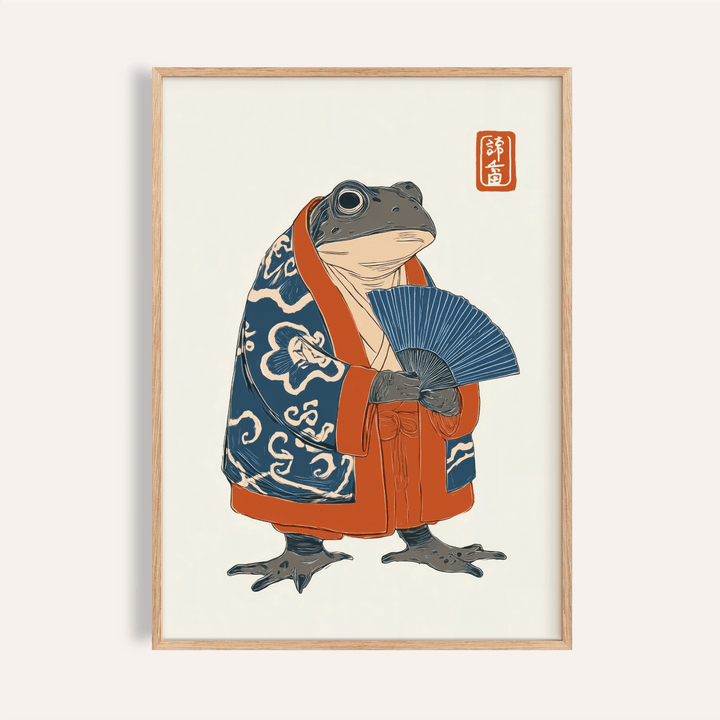 Frog in Kimono Print in blue and orange for living room wall art poster