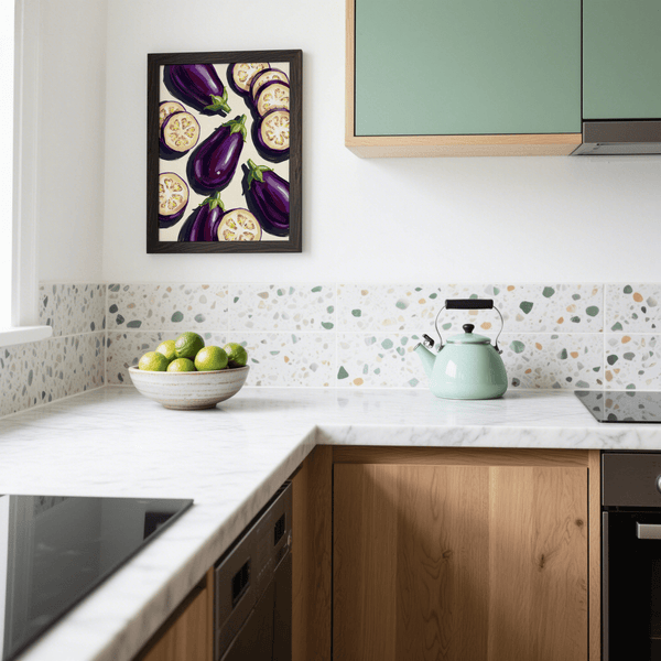 Aubergines Art Print in purple for a culinary-themed poster in kitchen