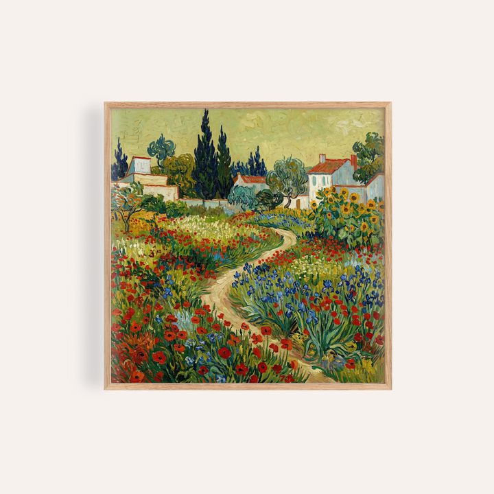Flower Garden Art Print with red and blue flowers, living room wall art