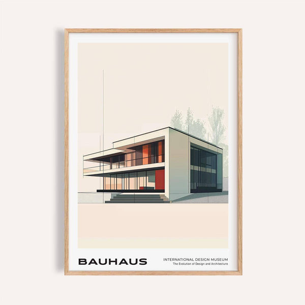 Bauhaus architecture poster of modern home with red accent for living room decor