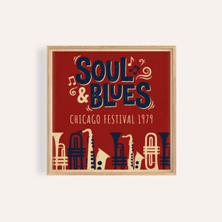 Soul Blues Festival Art print in Red, Blue, Beige for living room wall art