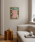 Framed Tennis Court Art Print wall art showing pink court lines and tiny tennis players