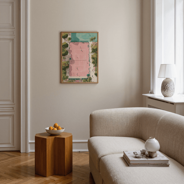 Framed Tennis Court Art Print wall art showing pink court lines and tiny tennis players