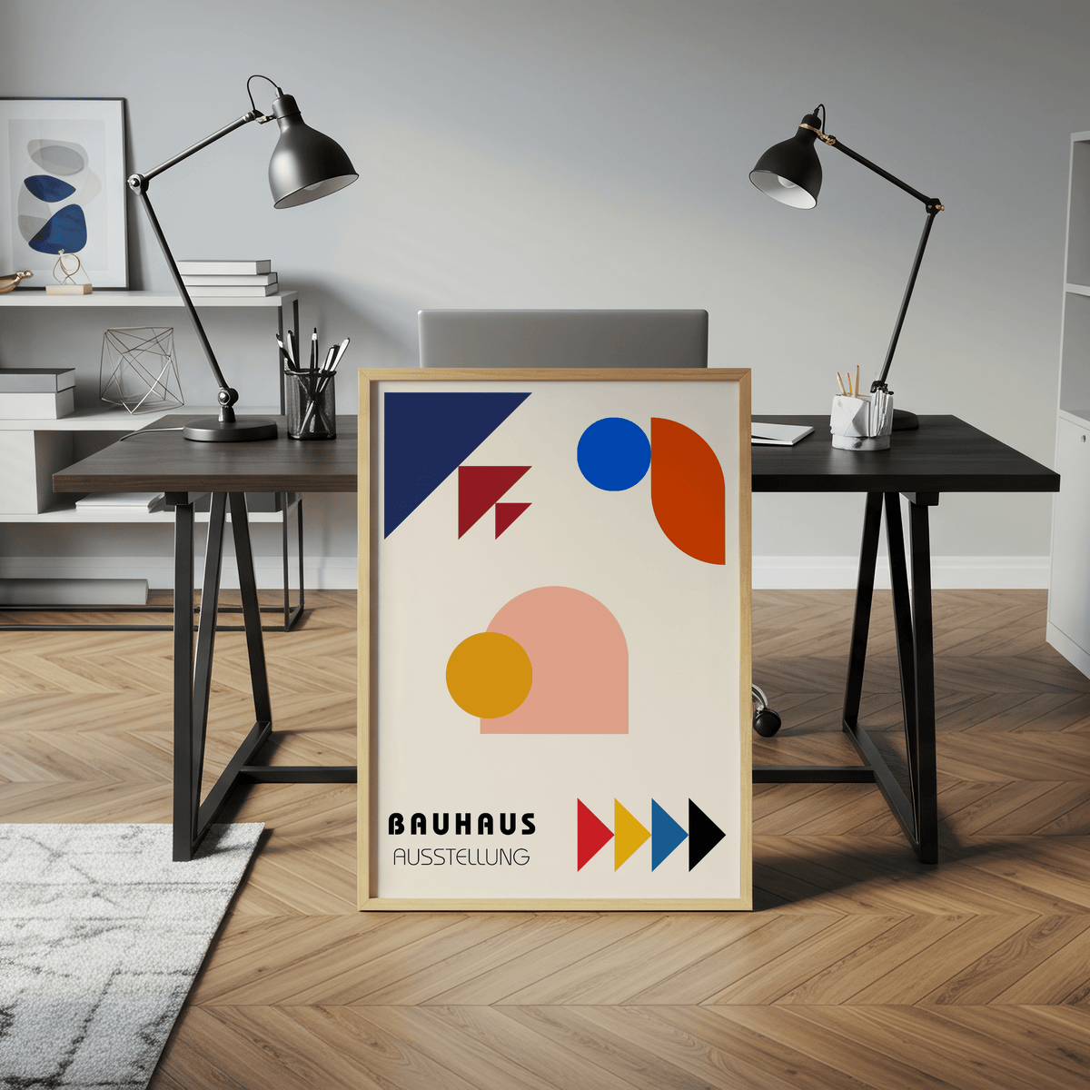 Minimalist Abstract Geometric Art in Orange, White, and Blue for entryway wall art