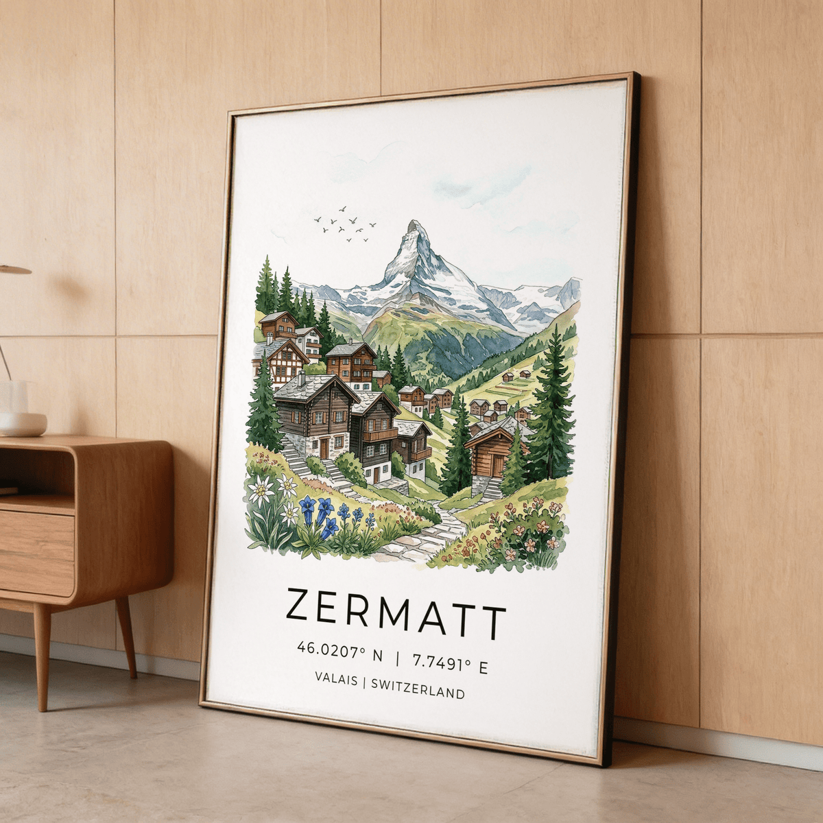 Front view Zermatt Switzerland Art Print with chalets, path, and mountain