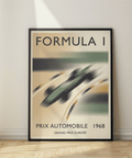 Diagonal race car wall art print with curved track lines and bold typography