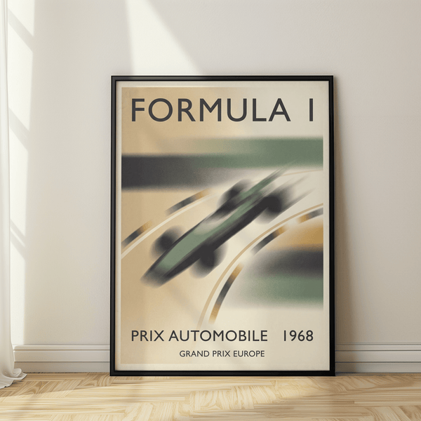 Diagonal race car wall art print with curved track lines and bold typography