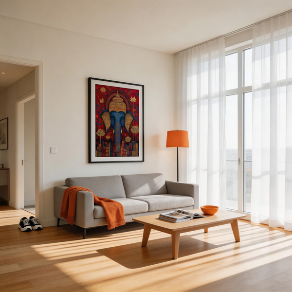 Vibrant Buddha Wall Art poster with elephant face, lotus blooms, and detailed crown