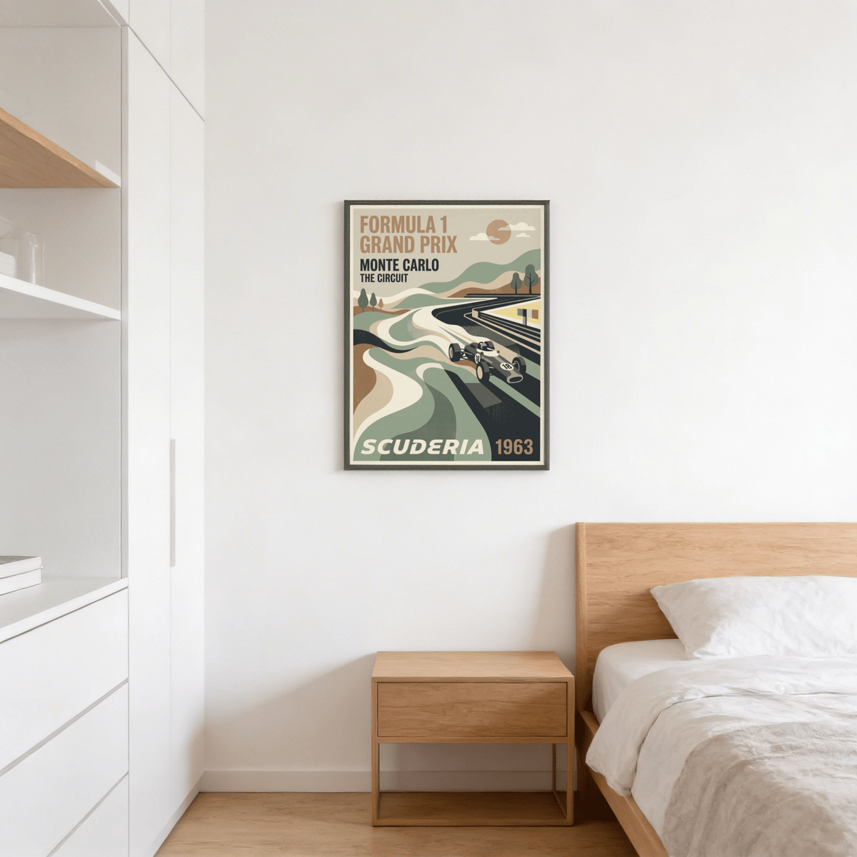 Mid-century inspired racing wall art print with angular track, small trees, and blocky poster typography