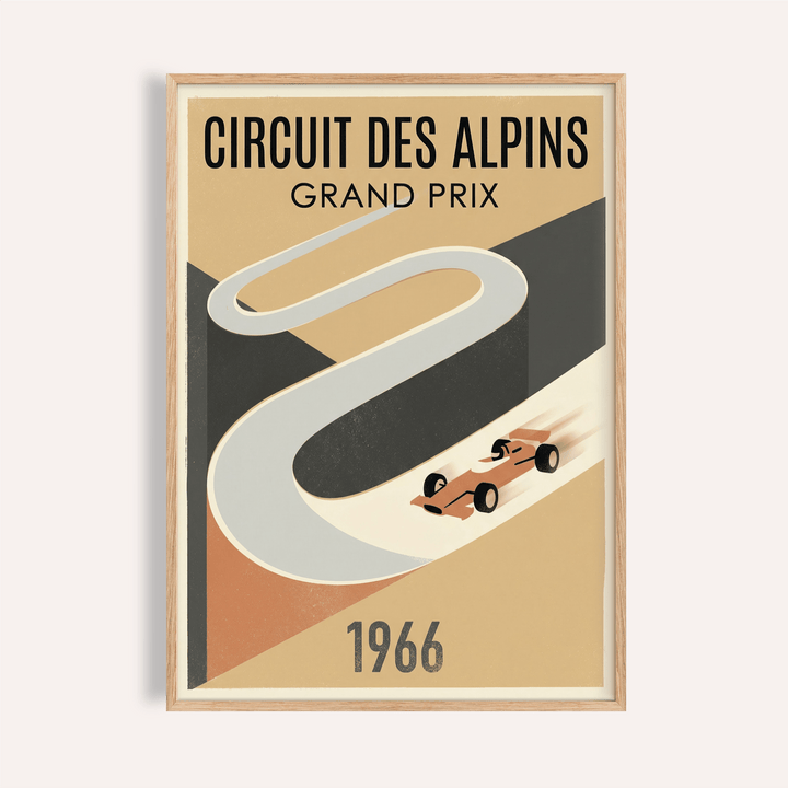 Classic Circuit Des Alpins Art Print poster with looping track and race car