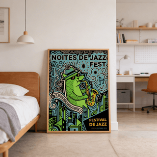 Saxophone player illustration wearing hat and sunglasses on jazz print