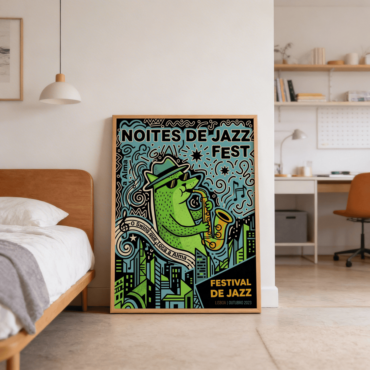 Saxophone player illustration wearing hat and sunglasses on jazz print