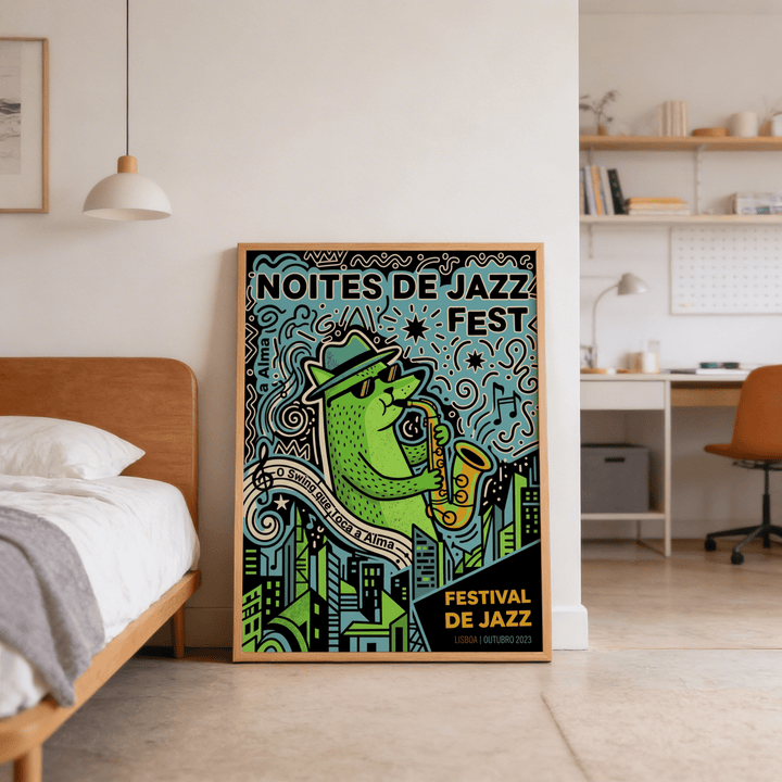 Print leaning on floor featuring Lisbon Jazz Poster of green cat playing saxophone in pop-art style in a bedroom