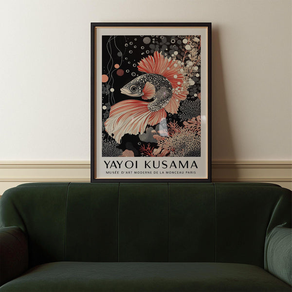 Detailed oriental Asian wall art in Yayoi Kusama style with fish textures