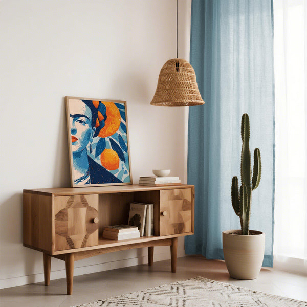 Frida Kahlo Gifts with half-face portrait surrounded by vibrant oranges and leaves.