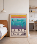Retro destination art highlighting whale shark silhouettes and coordinate text