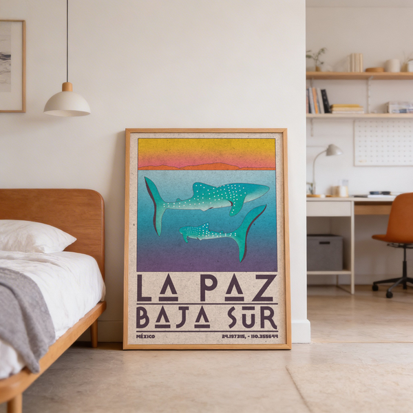 Retro destination art highlighting whale shark silhouettes and coordinate text