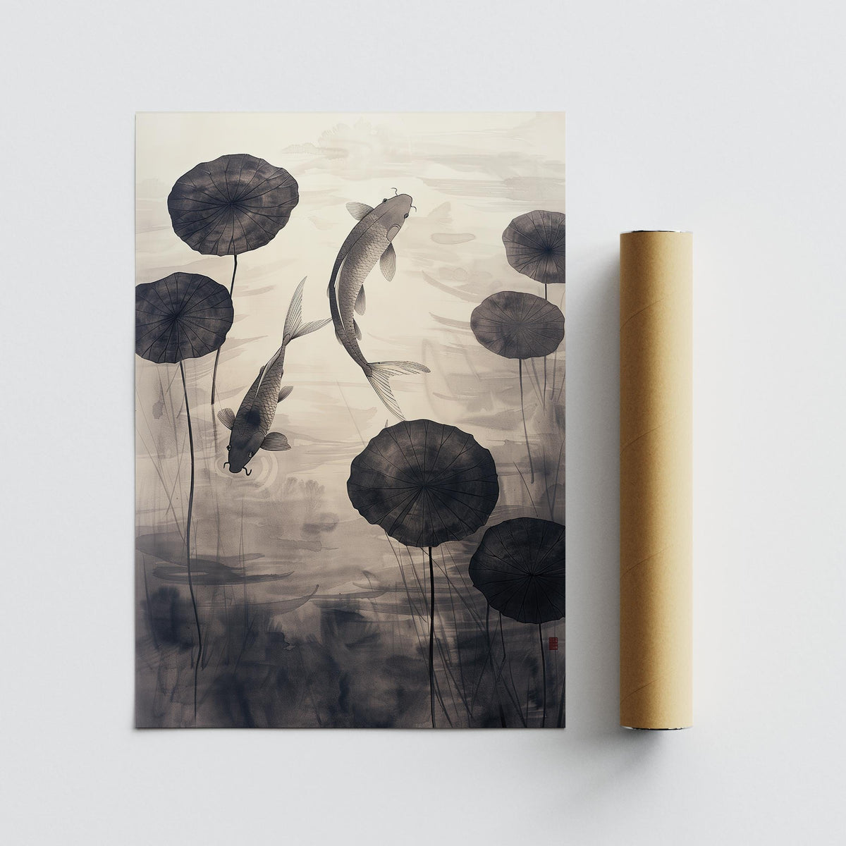 Traditional Japanese Ink Art showcasing aquatic life in harmony.