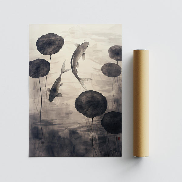 Traditional Japanese Ink Art showcasing aquatic life in harmony.
