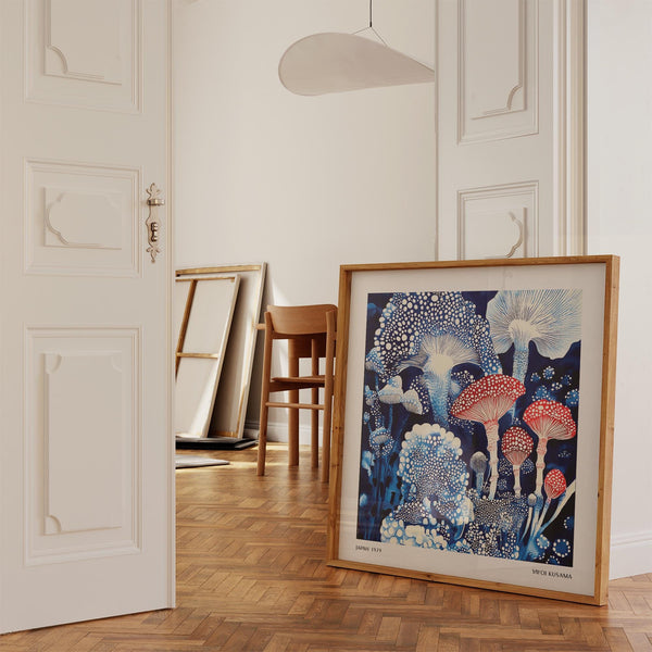 Artistic Japanese poster featuring red fungi and abstract botanical details.