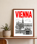 Line drawing Vienna skyline poster with ornate façade and long colonnade