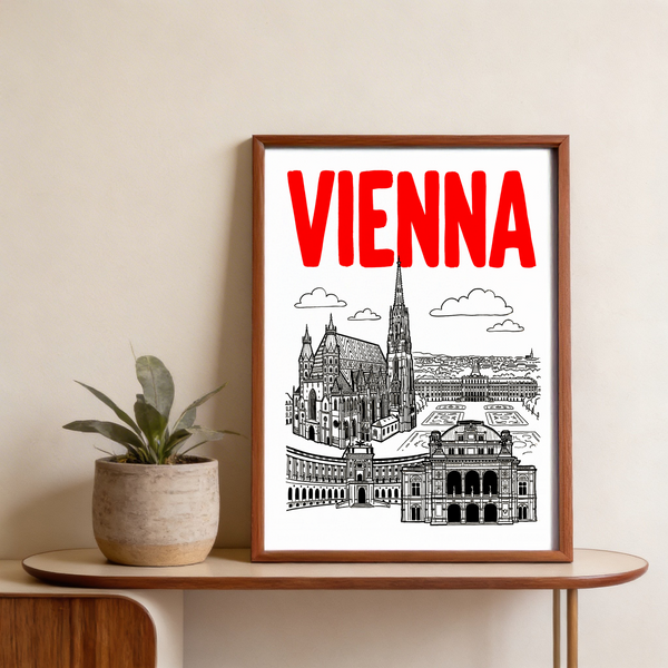 Line drawing Vienna skyline poster with ornate façade and long colonnade