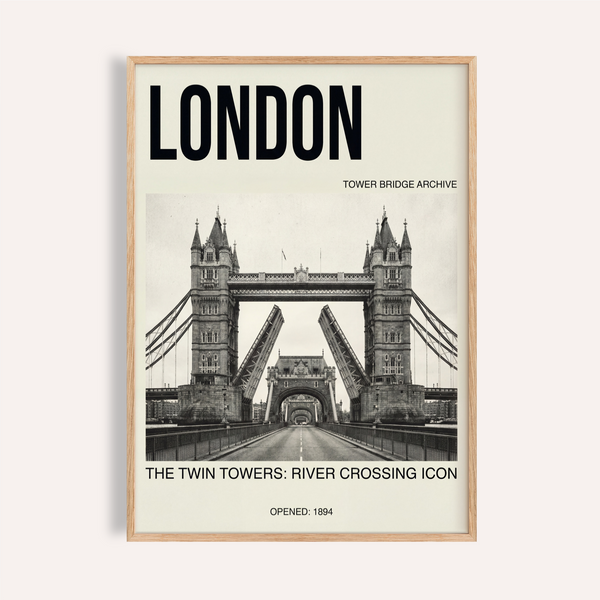 London poster print showing Tower Bridge with raised bascules, bold LONDON header, and road perspective