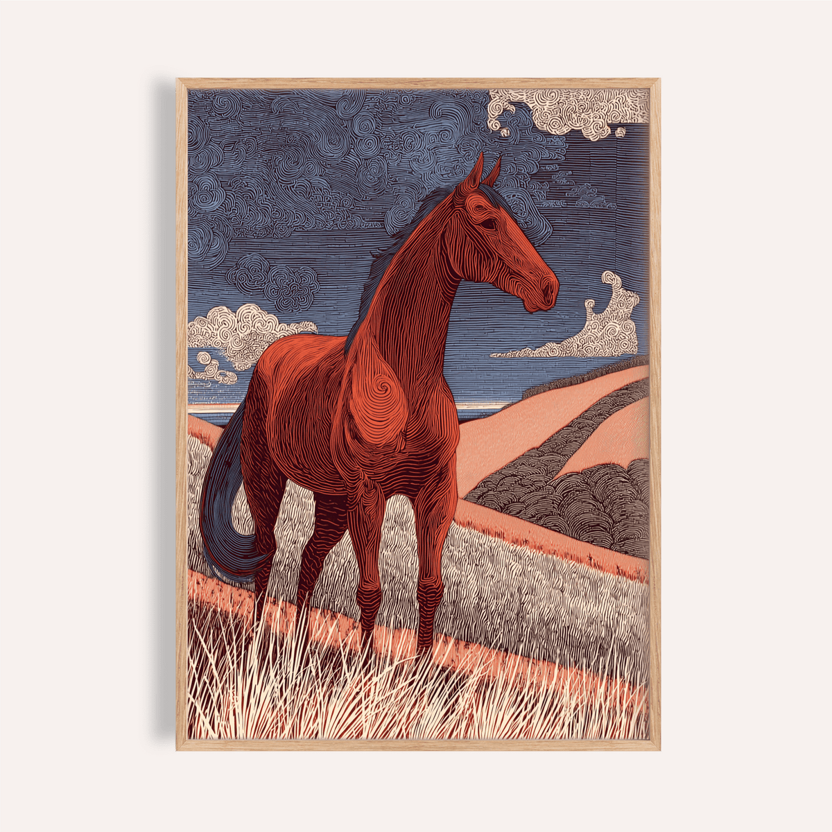 Horse Line Art poster of side-profile horse with flowing contour lines