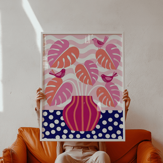Modern Tropical Plant Wall Art featuring Pink tropical leaves and Blue polka dots, perfect for kitchen wall art