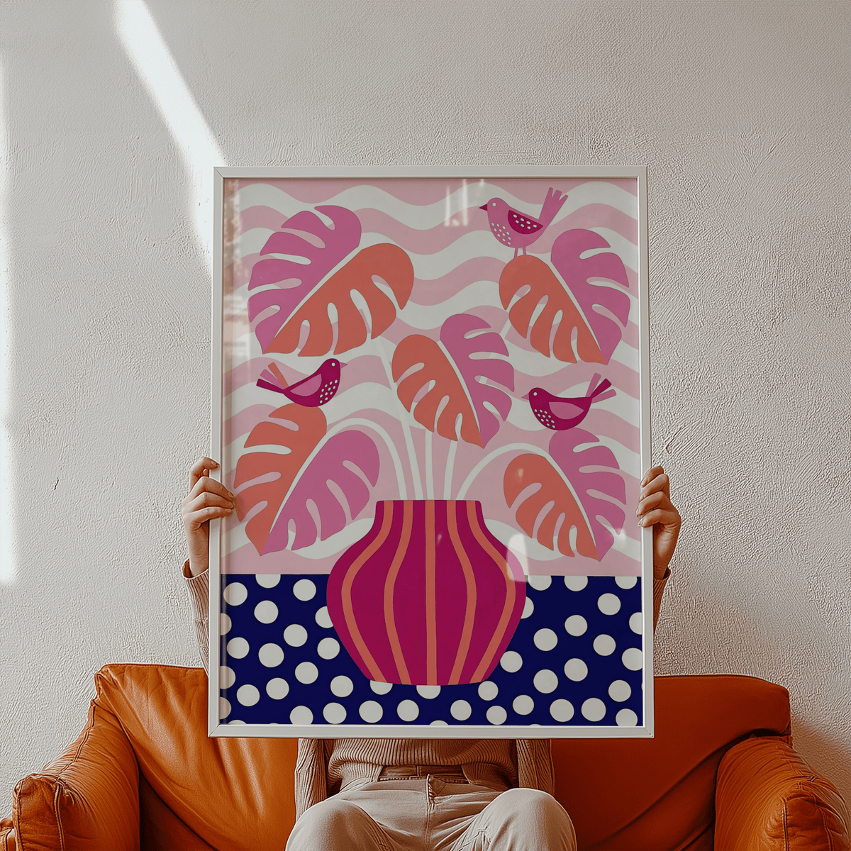 Modern Tropical Plant Wall Art featuring Pink tropical leaves and Blue polka dots, perfect for kitchen wall art