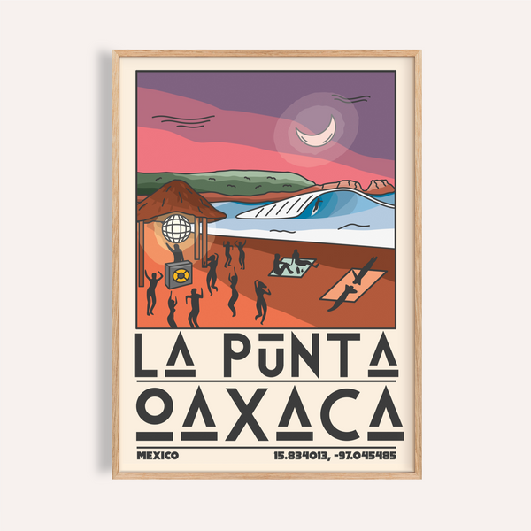 La Punta Oaxaca Wall Art travel poster with moonlit surf and silhouettes