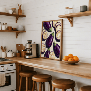 Aubergines Art Print showing vivid purple, perfect for dining room print